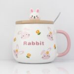 ماگ سرامیکی درب چوبی همراه با قاشق فلزی bunny کد 02