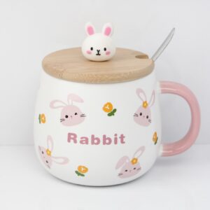 ماگ سرامیکی درب چوبی همراه با قاشق فلزی bunny کد 02