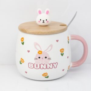 ماگ سرامیکی درب چوبی همراه با قاشق فلزی bunny کد 04